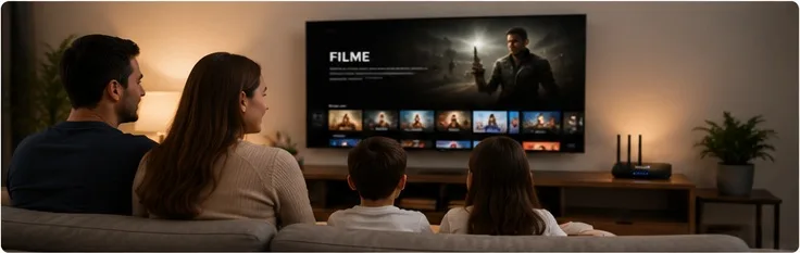 Família reunida assistindo a filmes em casa