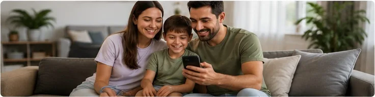 Família reunida usando um celular em casa